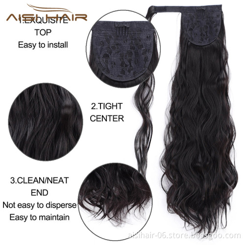 Aisi Hair Synthetic Body Wave Long Wavy Ponytail Hair Extensions Black Wrap Around Clip In Hairpieces for Black Women